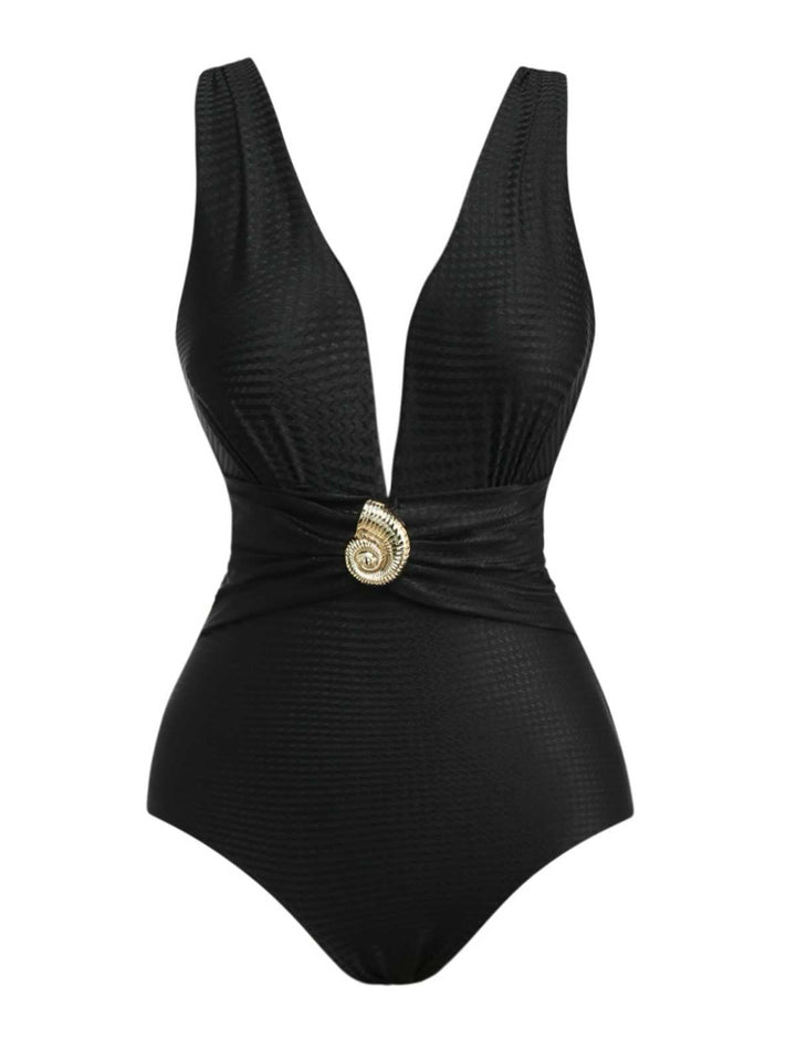 Black 1930s Deep V-Neck Seashell One-Piece Swimsuit - vintage swimsuit, pin-up style, classic black