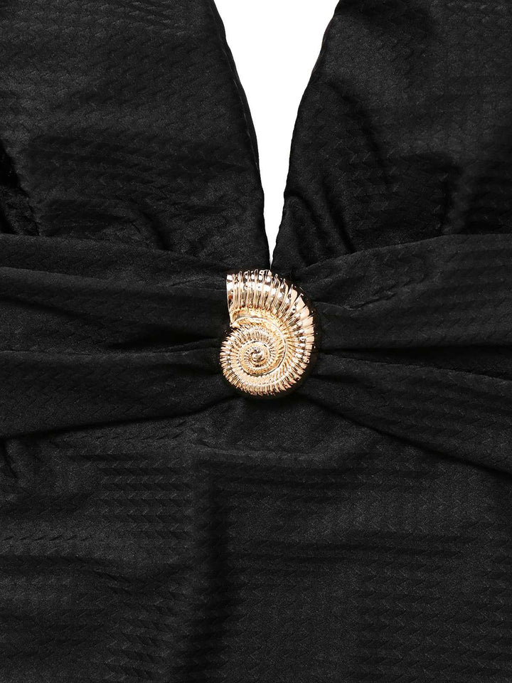 Black 1930s Deep V-Neck Seashell One-Piece Swimsuit - vintage swimsuit, pin-up style, classic black