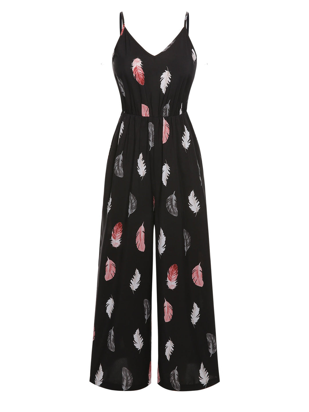 Black 1930s Feather Print Spaghetti Strap Jumpsuit, vintage romper, retro jumpsuit - perfect for women who love vintage and retro fashion