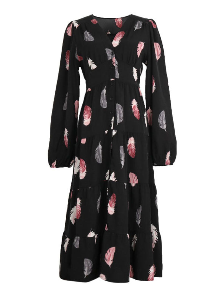 She slips into this Black 1930s Feather V-Neck Buttoned Dress and suddenly it&