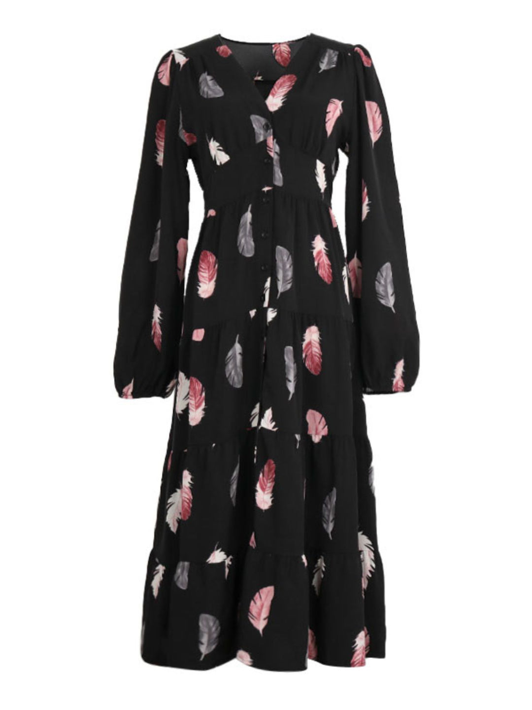 She slips into this Black 1930s Feather V-Neck Buttoned Dress and suddenly it&