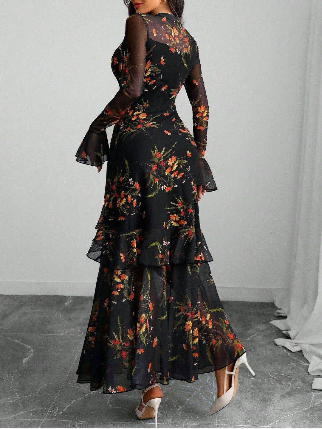 Black 1930s Floral Mesh Ruffle Maxi Dress - vintage dress, retro fashion, classic black