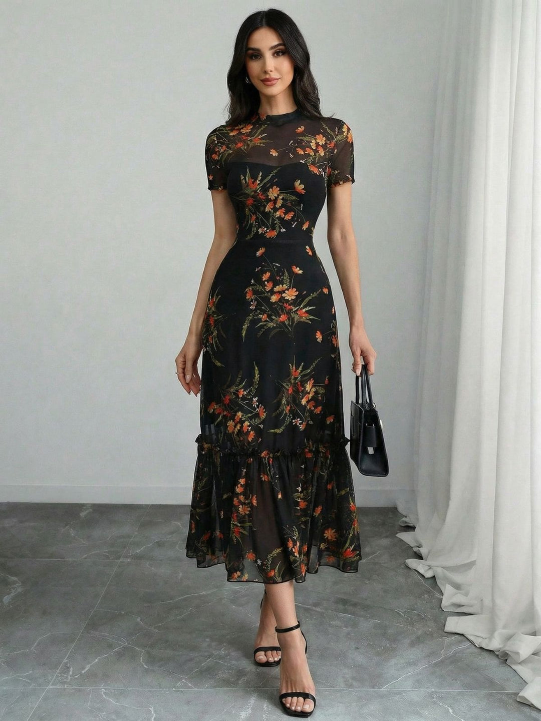 Black 1930s Floral Mesh Ruffle Midi Dress - vintage dress, retro fashion, classic black