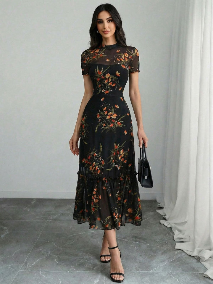 Black 1930s Floral Mesh Ruffle Midi Dress - vintage dress, retro fashion, classic black