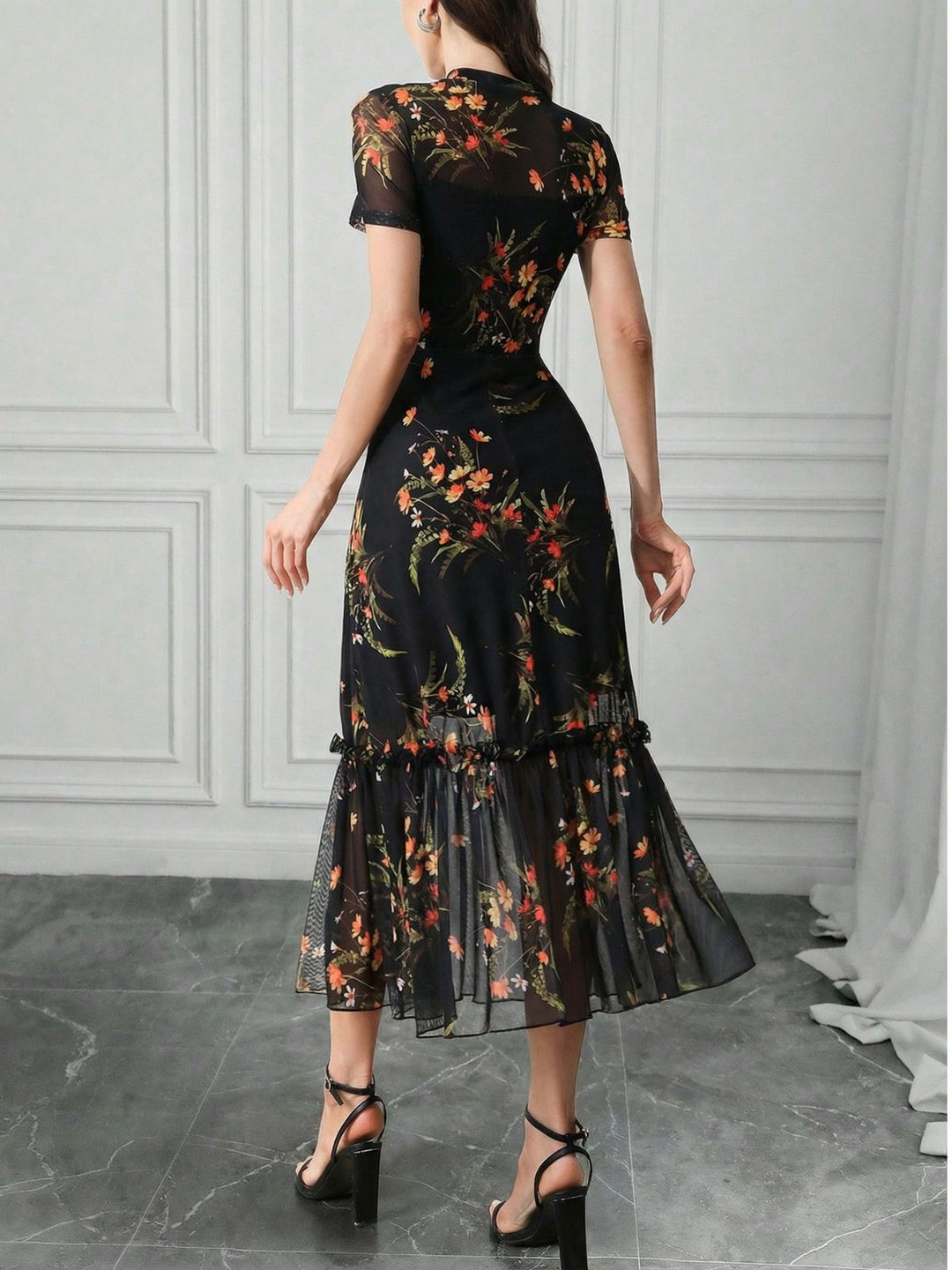 Black 1930s Floral Mesh Ruffle Midi Dress - vintage dress, retro fashion, classic black