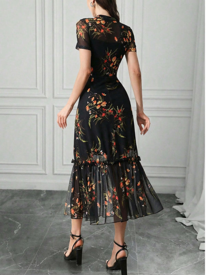 Black 1930s Floral Mesh Ruffle Midi Dress - vintage dress, retro fashion, classic black
