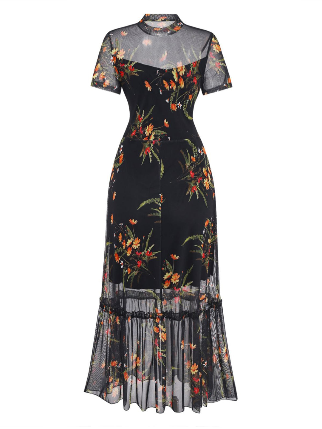 Black 1930s Floral Mesh Ruffle Midi Dress - vintage dress, retro fashion, classic black
