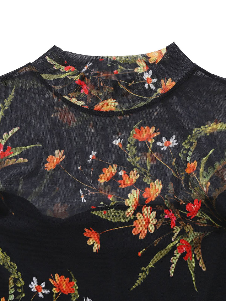 Black 1930s Floral Mesh Ruffle Midi Dress - vintage dress, retro fashion, classic black