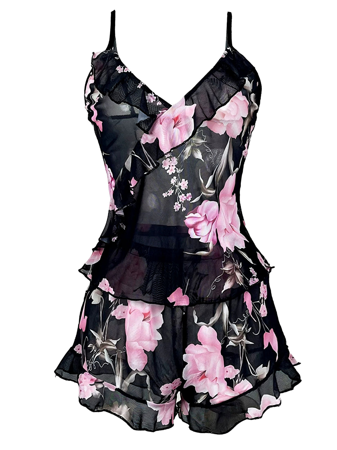 Black 1930s Floral Ruffled V-Neck Pajama Set - vintage fashion, retro style, classic black