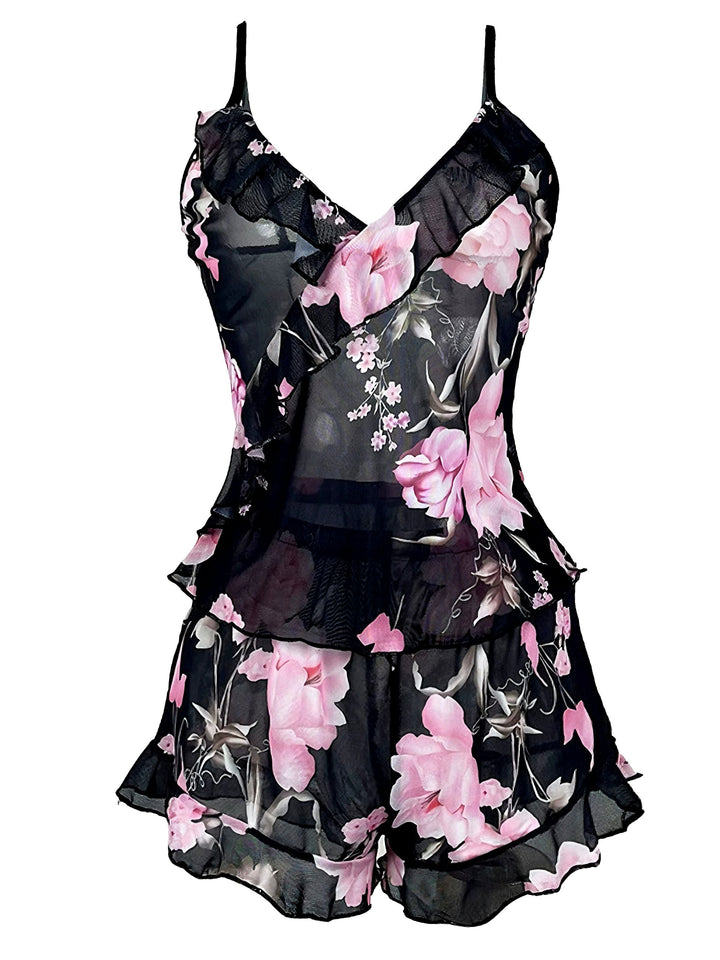 Black Floral Ruffled V-Neck Pajama Set - vintage fashion, retro style, classic black