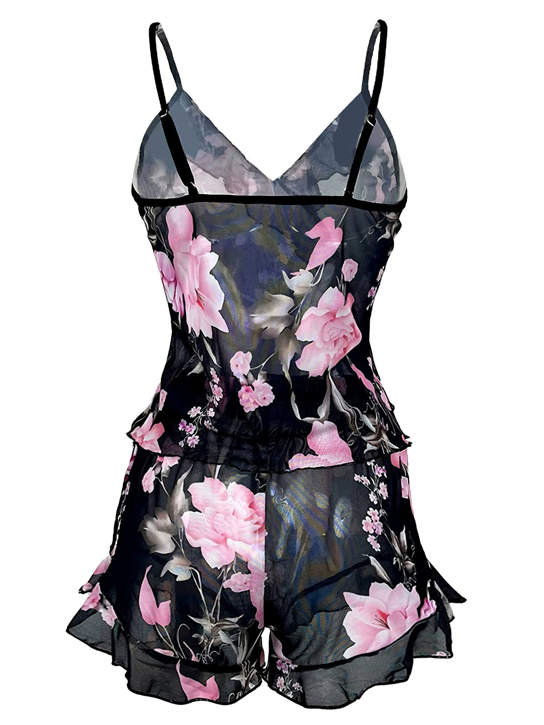 Black 1930s Floral Ruffled V-Neck Pajama Set - vintage fashion, retro style, classic black