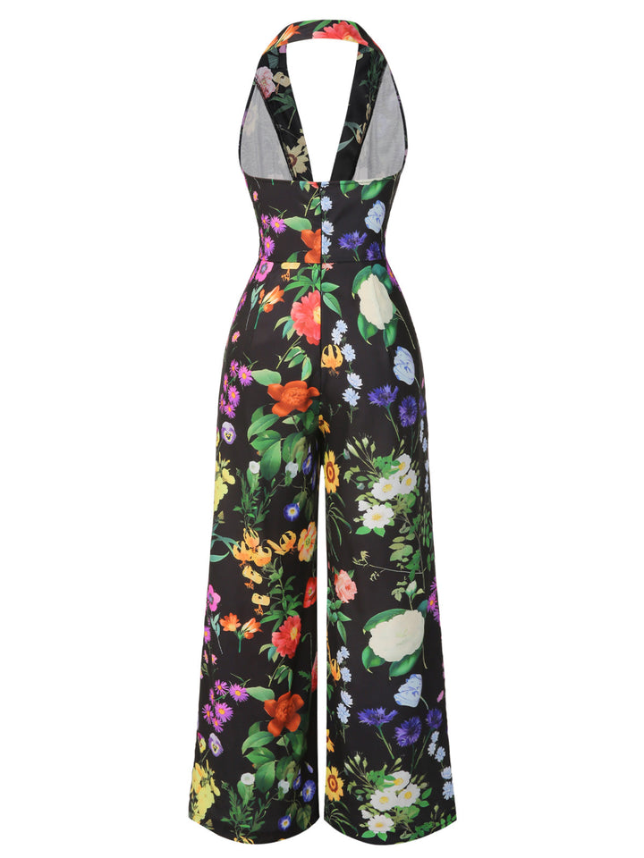 Black 1930s Floral V-Neck Halter Jumpsuit - vintage jumpsuit, retro fashion, classic black