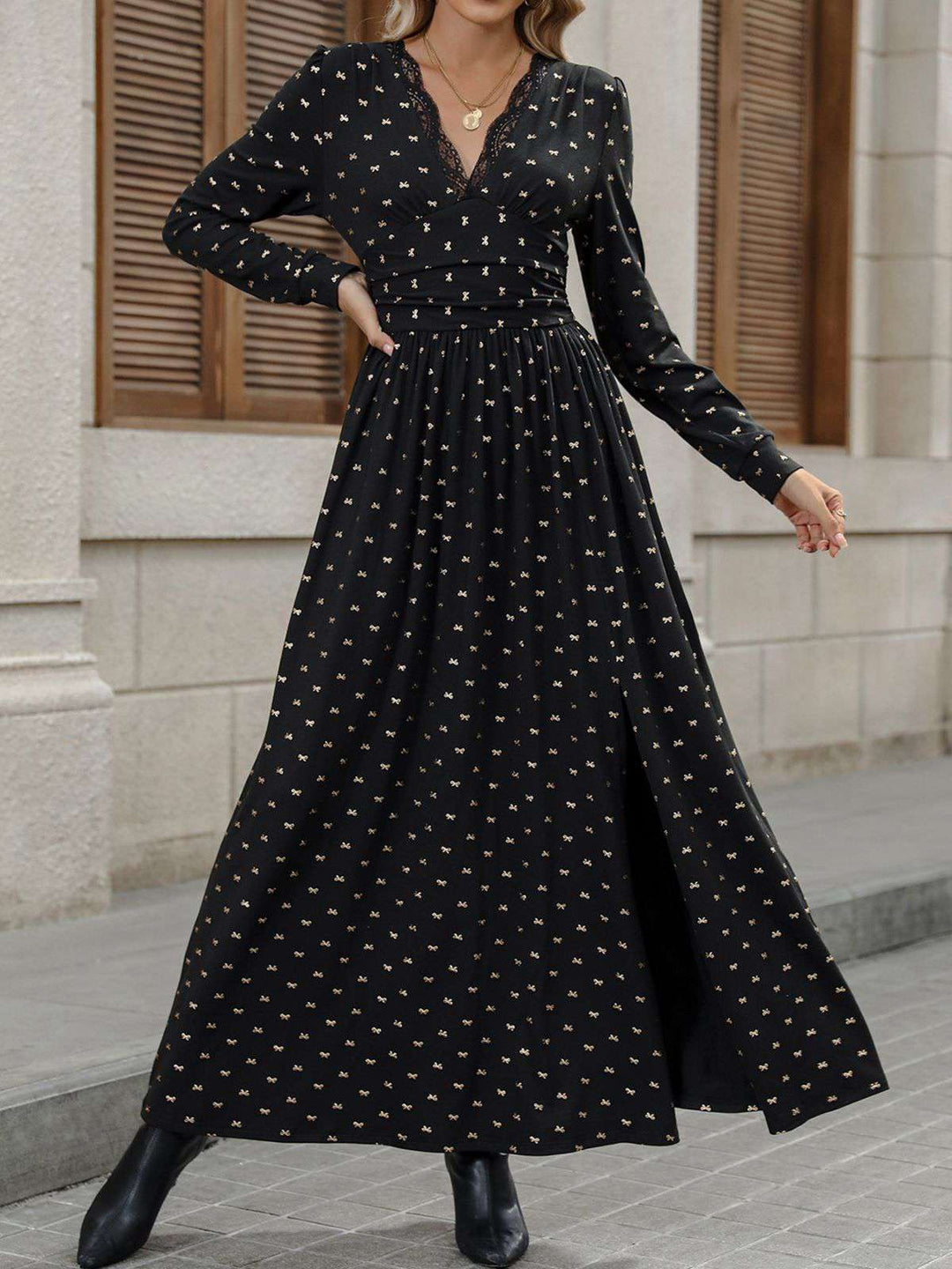 Black 1930s Gold Foil Bow V-Neck Lace Slit Dress - vintage dress, retro fashion, classic black