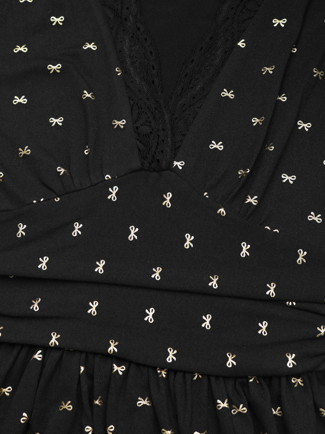 Black 1930s Gold Foil Bow V-Neck Lace Slit Dress - vintage dress, retro fashion, classic black
