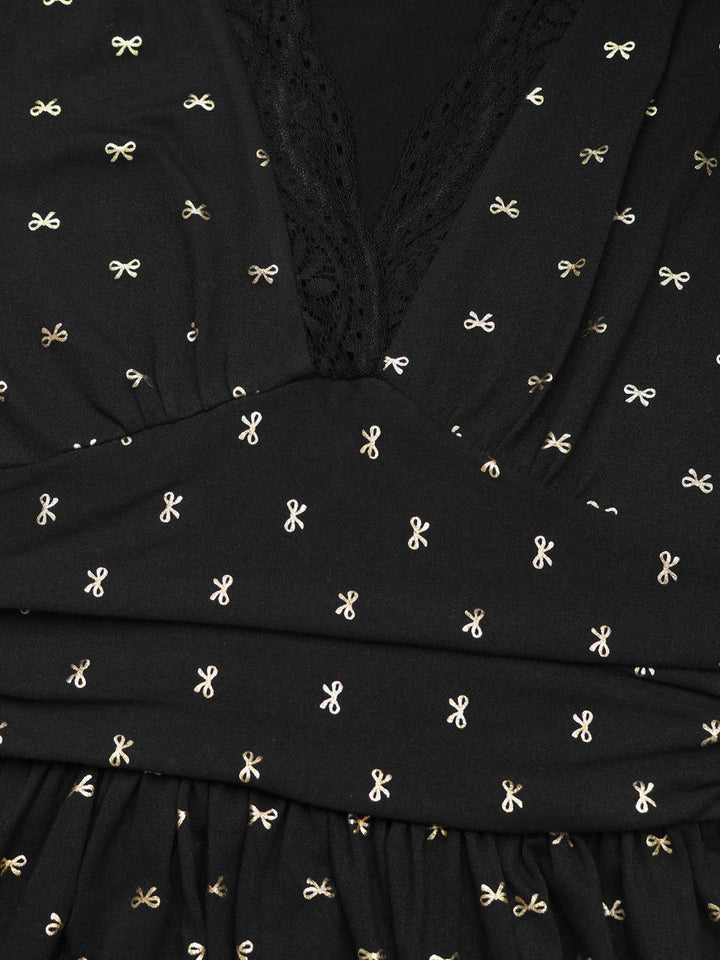 Black 1930s Gold Foil Bow V-Neck Lace Slit Dress - vintage dress, retro fashion, classic black