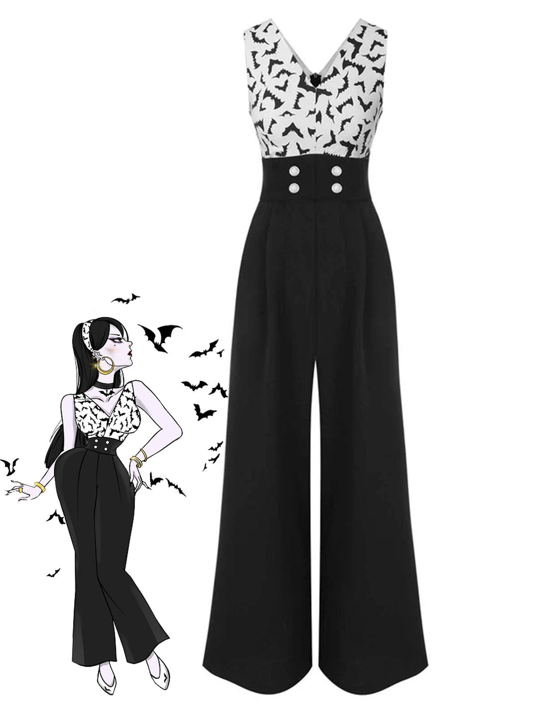Black 1930s Halloween Bat Patchwork Jumpsuit: timeless style reimagined