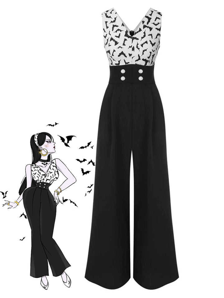 Black 1930s Halloween Bat Patchwork Jumpsuit: timeless style reimagined