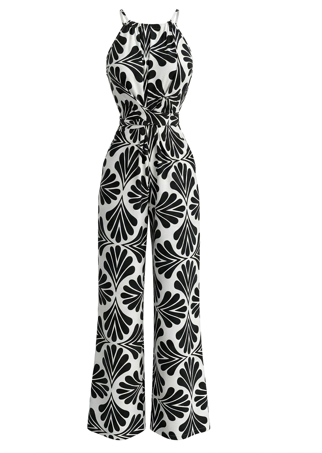 Black 1930s Halter Abstract Print Belted Jumpsuit 2