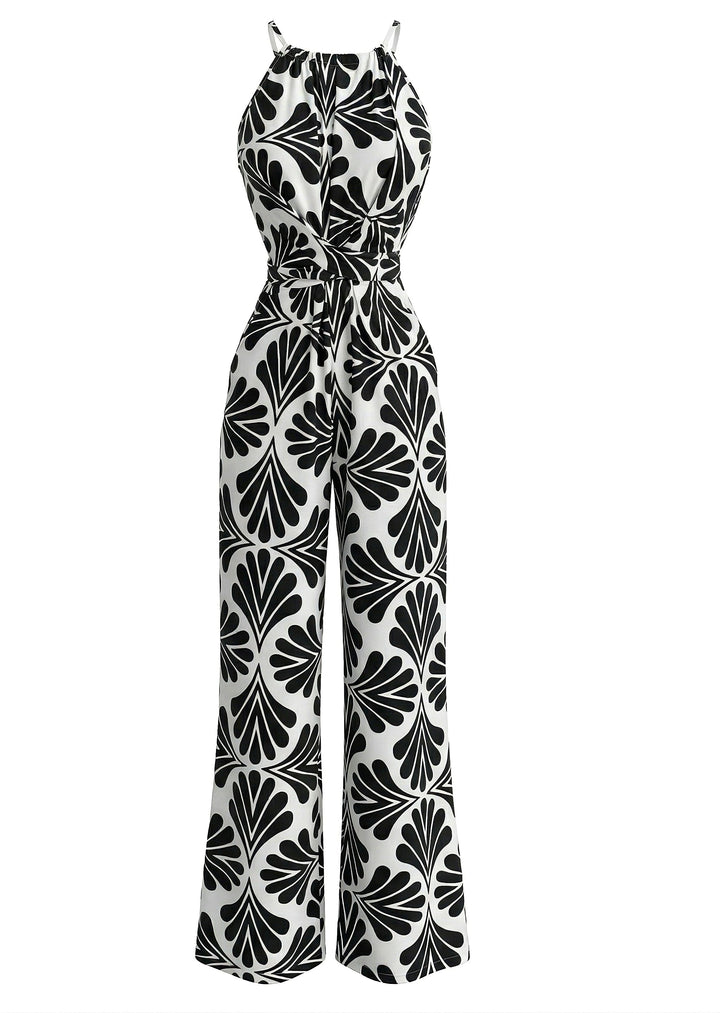 Black 1930s Halter Abstract Print Belted Jumpsuit 2