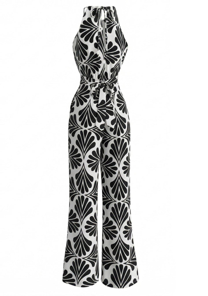 Black 1930s Halter Abstract Print Belted Jumpsuit 3