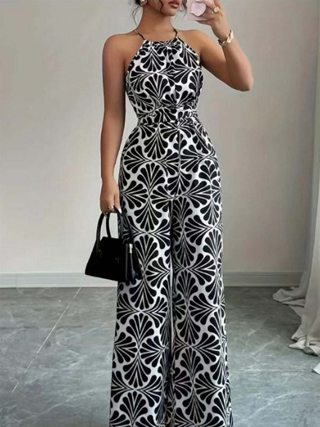 Black 1930s Halter Abstract Print Belted Jumpsuit 5
