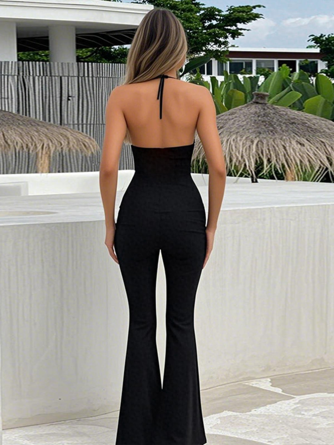 Black 1930s Halter Lace Bell-Bottom Jumpsuit — 1930s style that transcends decades
