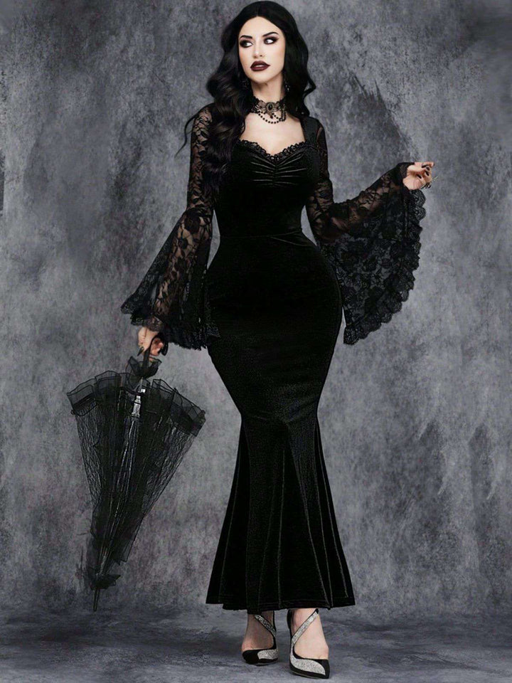 Black 1930s Lace Sleeve Velvet Fishtail Dress - vintage dress, retro fashion, classic black