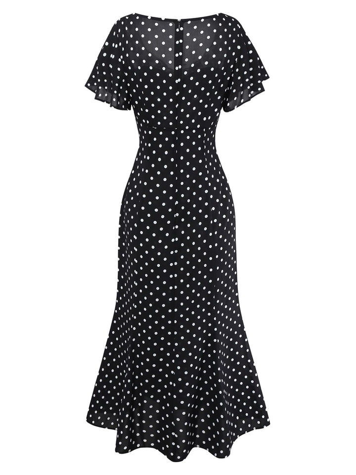 Black 1930s Lace Trim Polka Dot Dress - vintage dress, retro fashion, classic black