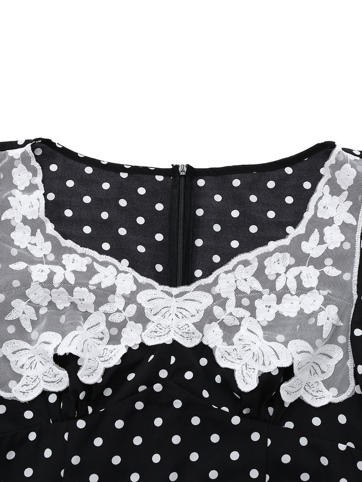 Black 1930s Lace Trim Polka Dot Dress - vintage dress, retro fashion, classic black