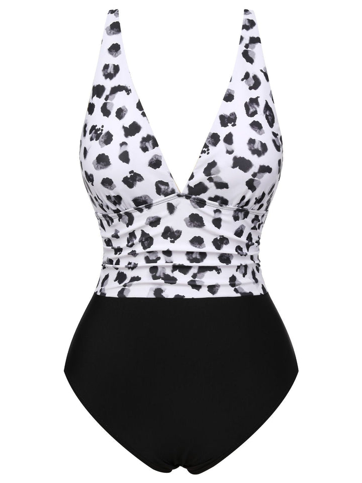 Black 1930s Leopard Patchwork V-Neck Swimsuit, vintage swimsuit, pin-up swimwear - perfect for women who love vintage and retro fashion