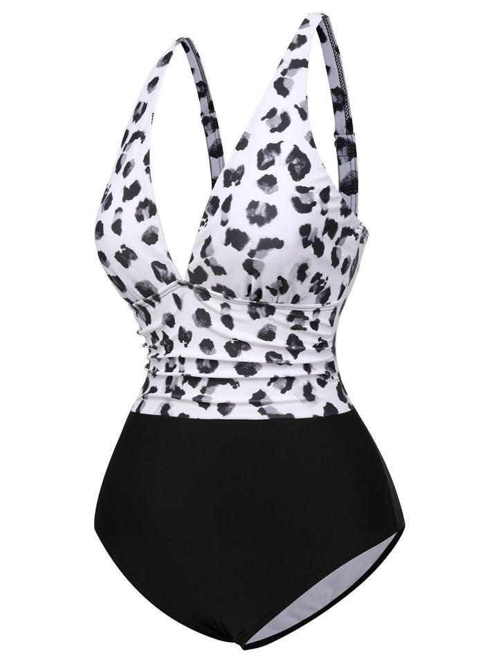 Black 1930s Leopard Patchwork V-Neck Swimsuit, vintage swimsuit, pin-up swimwear - perfect for women who love vintage and retro fashion