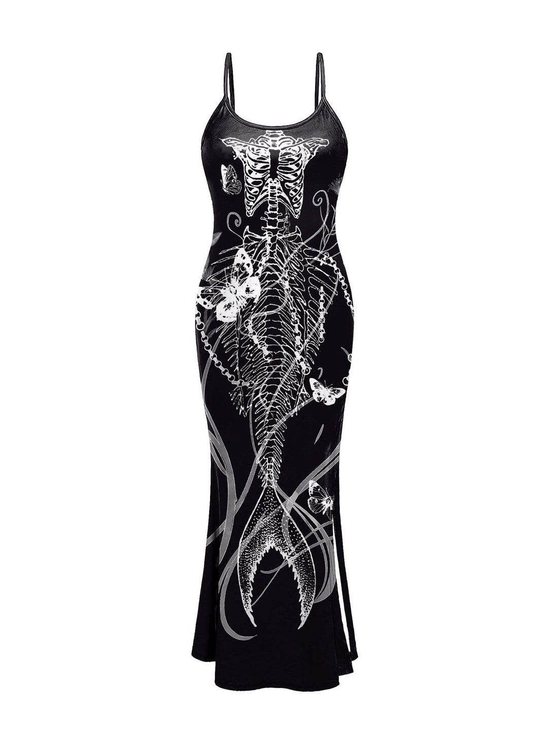She slips into this Black 1930s Mermaid Skeleton Spaghetti Straps Dress and suddenly it&