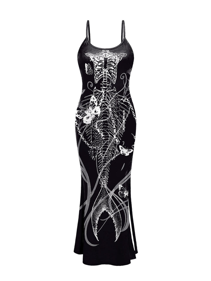 She slips into this Black 1930s Mermaid Skeleton Spaghetti Straps Dress and suddenly it&