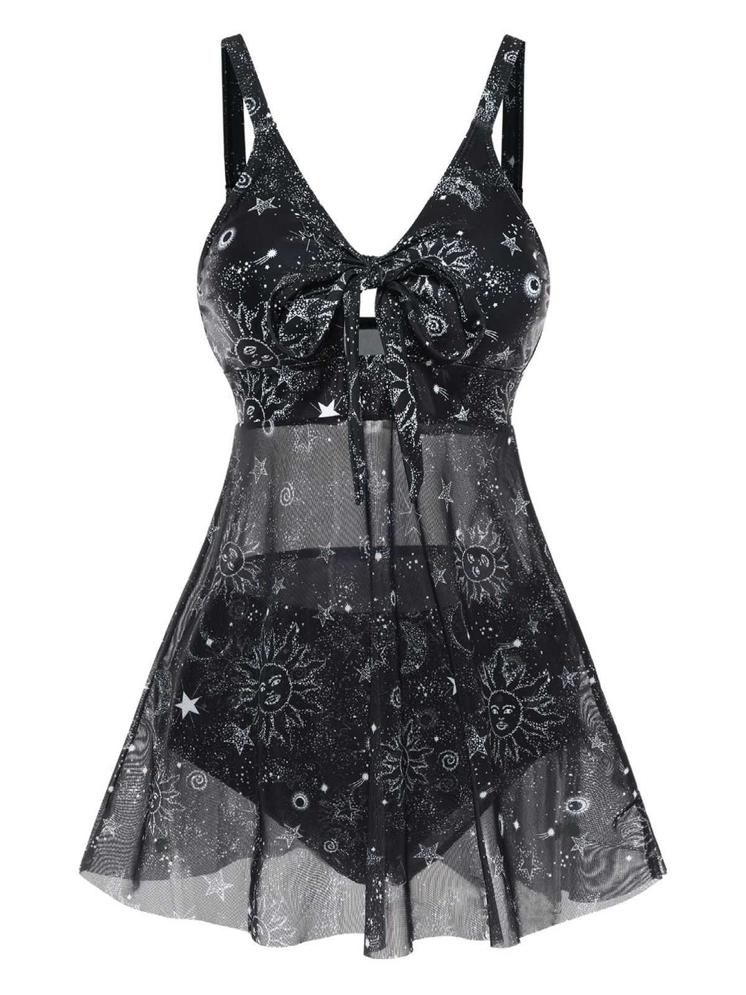 She slips into this Black Mesh Hollow-Out Sun Moon Print Swimdress and suddenly it&