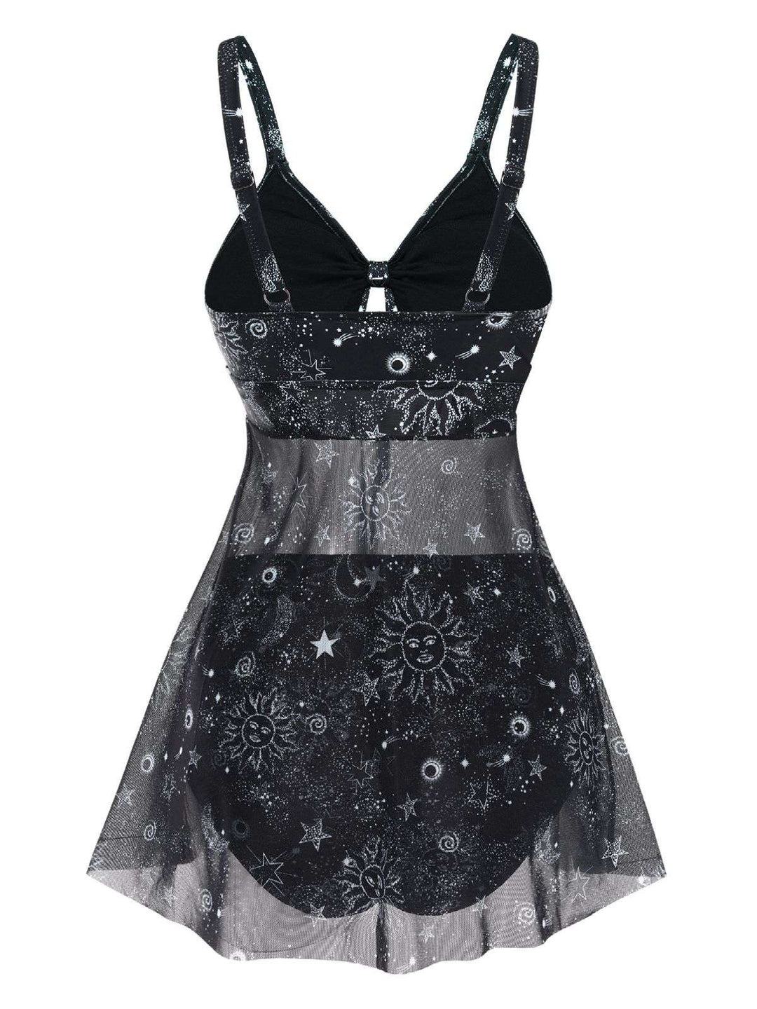 Black Mesh Hollow-Out Sun Moon Print Swimdress: where romance meets her modern spirit