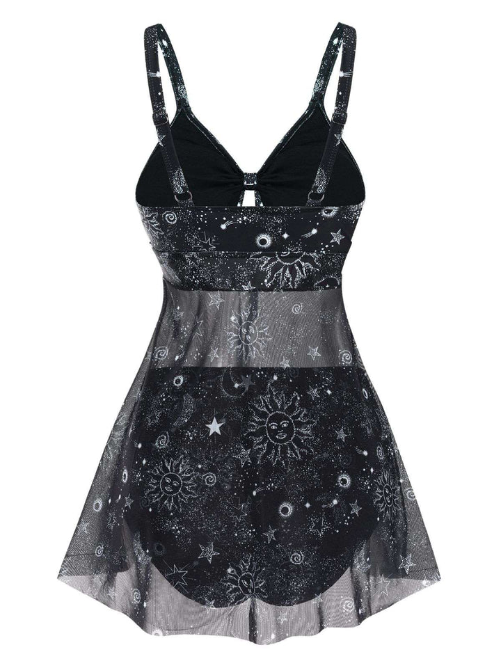 Black Mesh Hollow-Out Sun Moon Print Swimdress: where romance meets her modern spirit