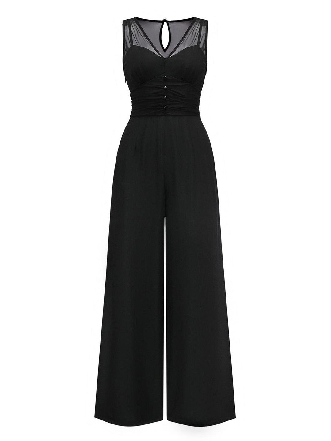 Black 1930s Mesh Pleated Patchwork Jumpsuit - vintage jumpsuit, retro fashion, classic black