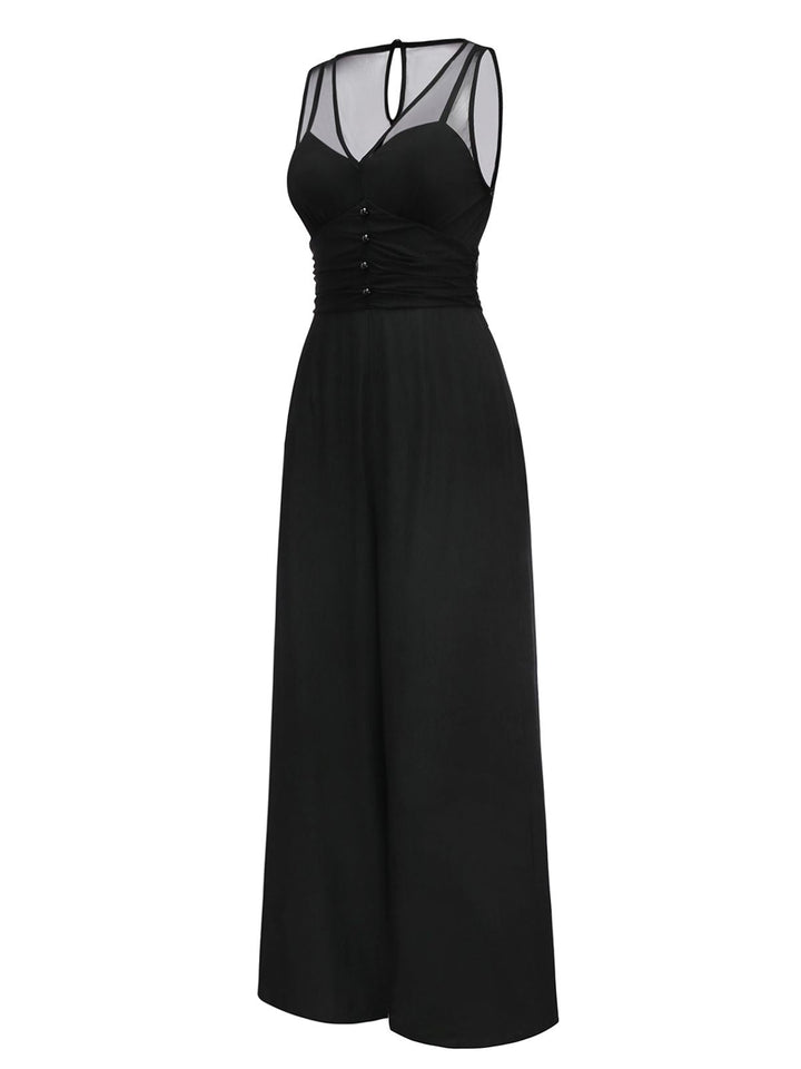 Black 1930s Mesh Pleated Patchwork Jumpsuit - vintage jumpsuit, retro fashion, classic black