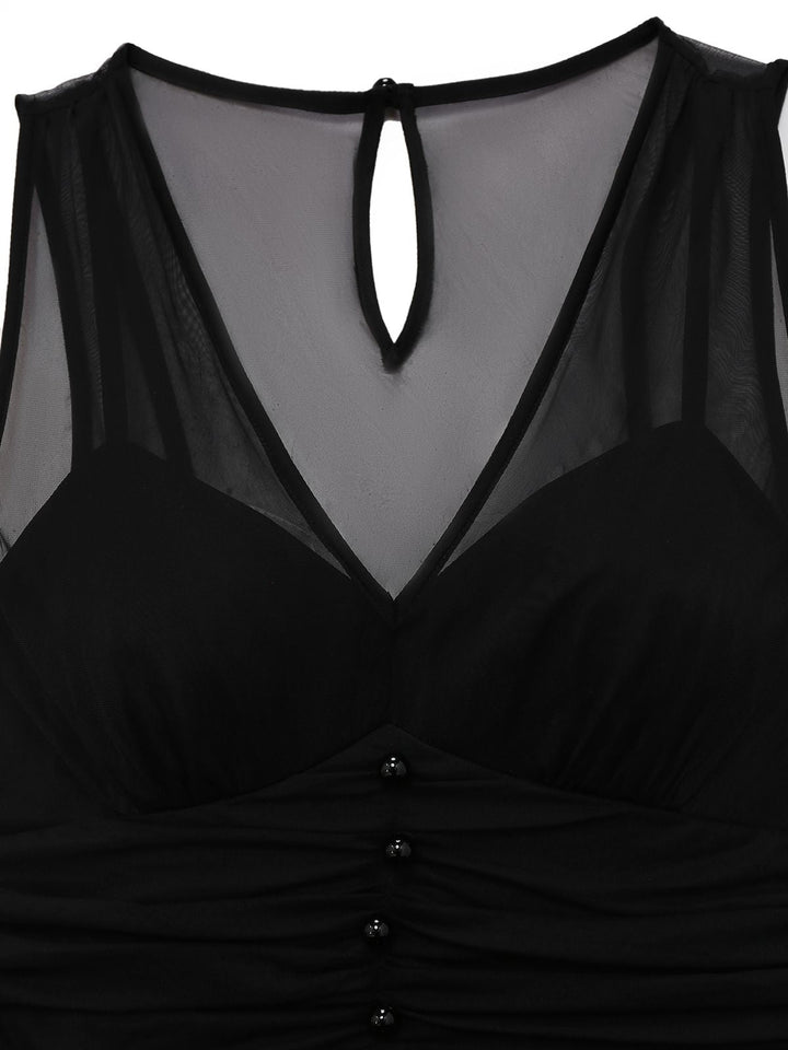 Black 1930s Mesh Pleated Patchwork Jumpsuit - vintage jumpsuit, retro fashion, classic black
