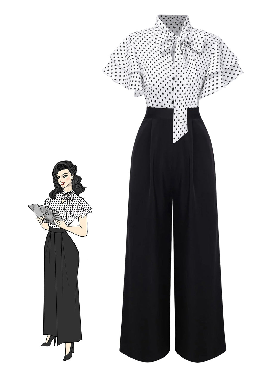 She finds her 1930s story in this Black 1930s Polka Dots Tie-Neck Jumpsuit