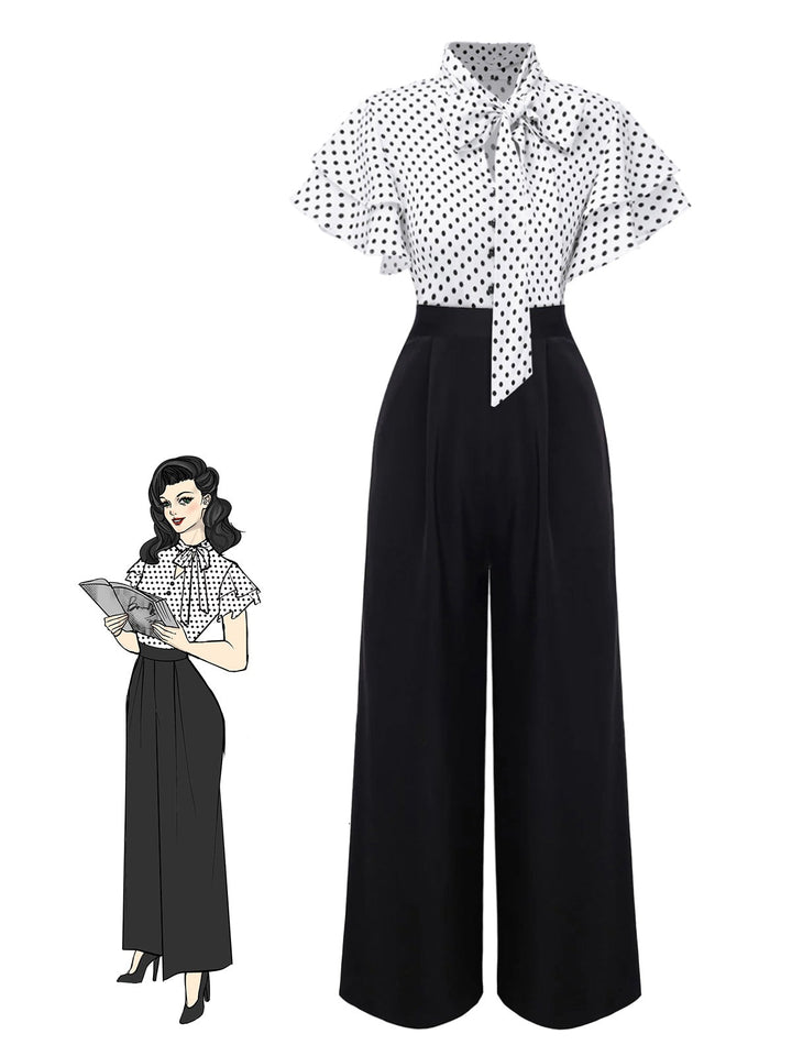 She finds her 1930s story in this Black 1930s Polka Dots Tie-Neck Jumpsuit