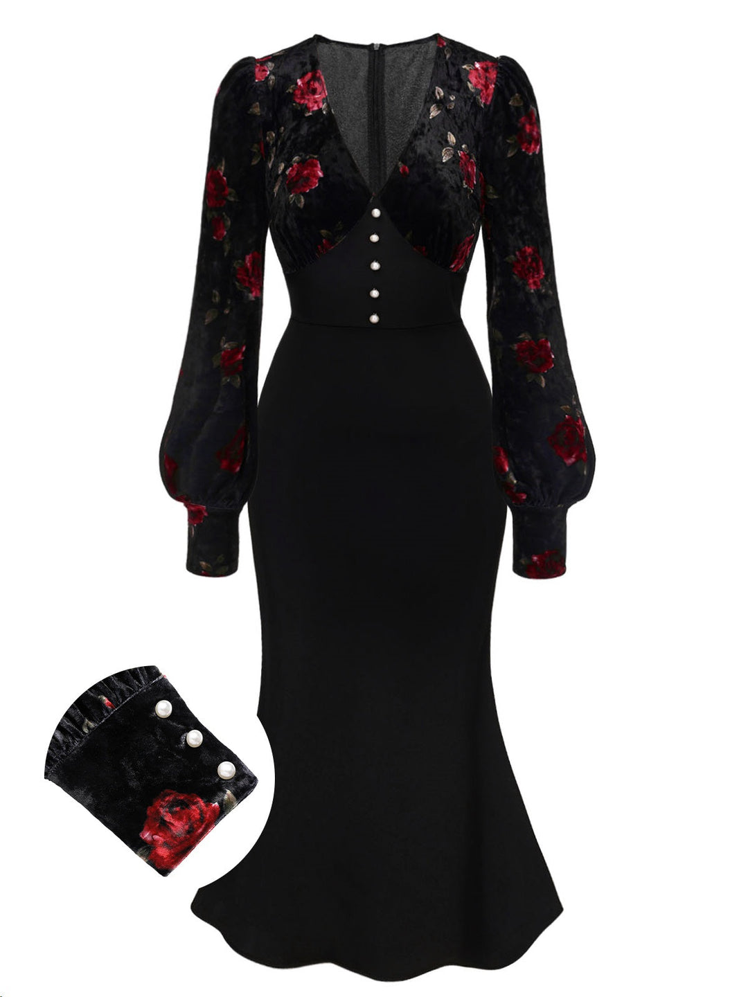 She slips into this Black 1930s Rose Velvet Fishtail Dress and suddenly it&