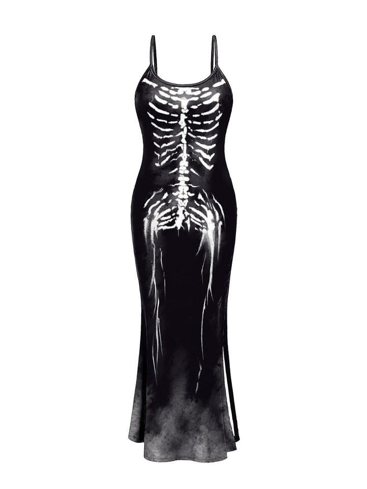 She slips into this Black 1930s Skeleton Slit Spaghetti Straps Dress and suddenly it&