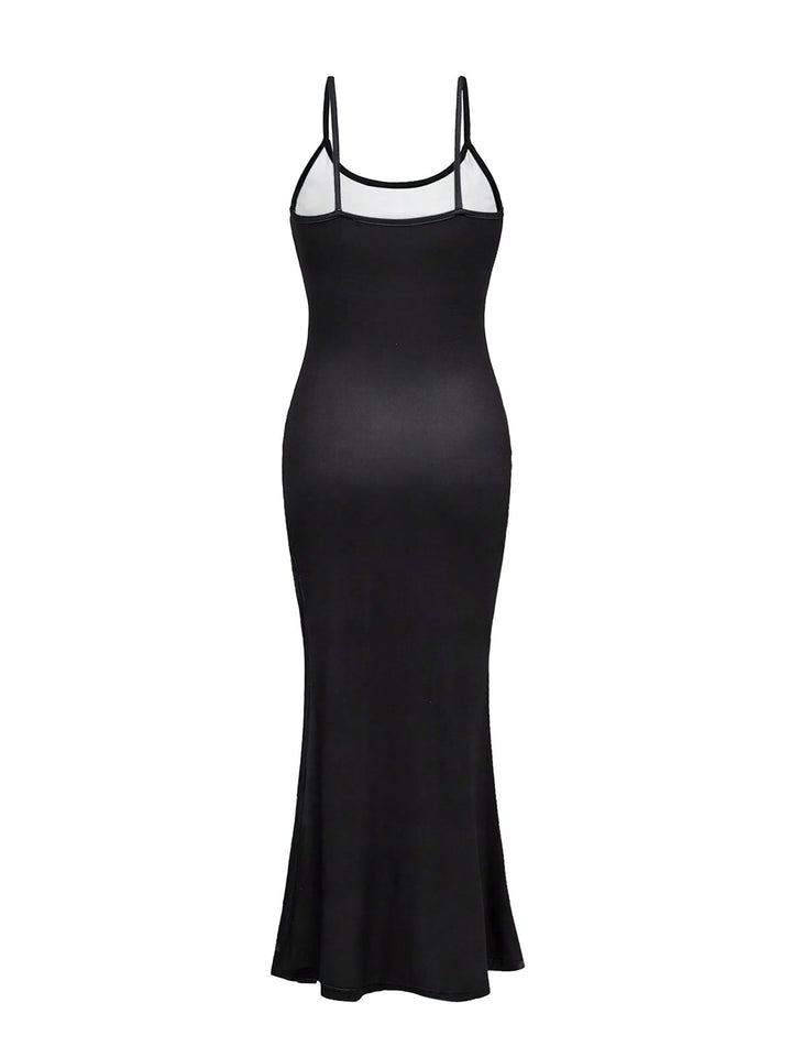 She slips into this Black 1930s Skeleton Slit Spaghetti Straps Dress and suddenly it&
