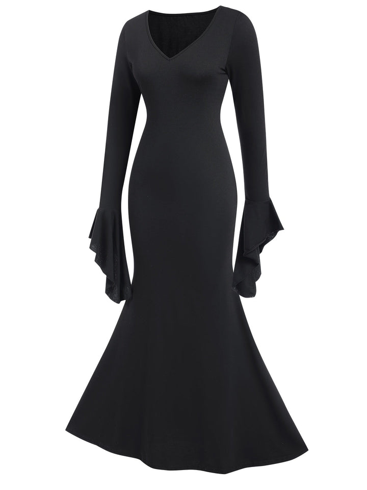Black 1930s Sold Batwing Cuffs Fishtail Dress, vintage dress, retro fashion - perfect for women who love vintage and retro fashion