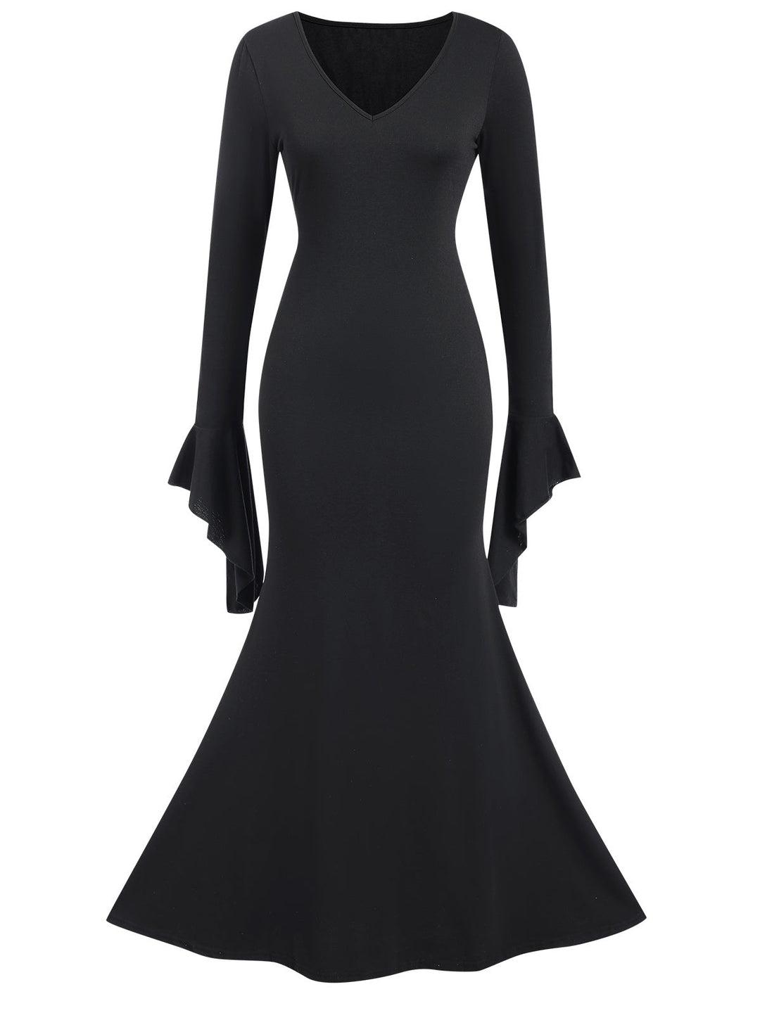She slips into this Black 1930s Sold Batwing Cuffs Fishtail Dress and suddenly it&