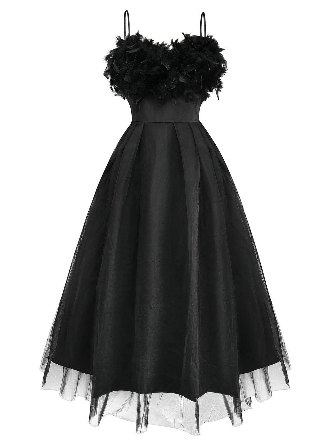 Black 1930s Solid 3D Feather Mesh Dress - vintage dress, retro fashion, classic black