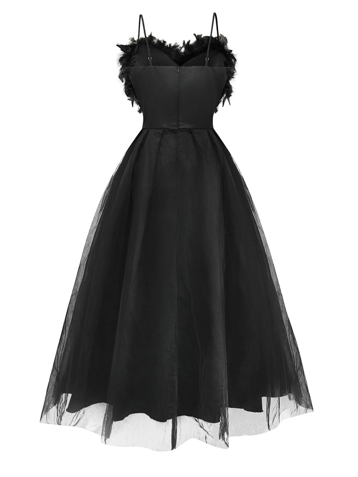 Black 1930s Solid 3D Feather Mesh Dress - vintage dress, retro fashion, classic black