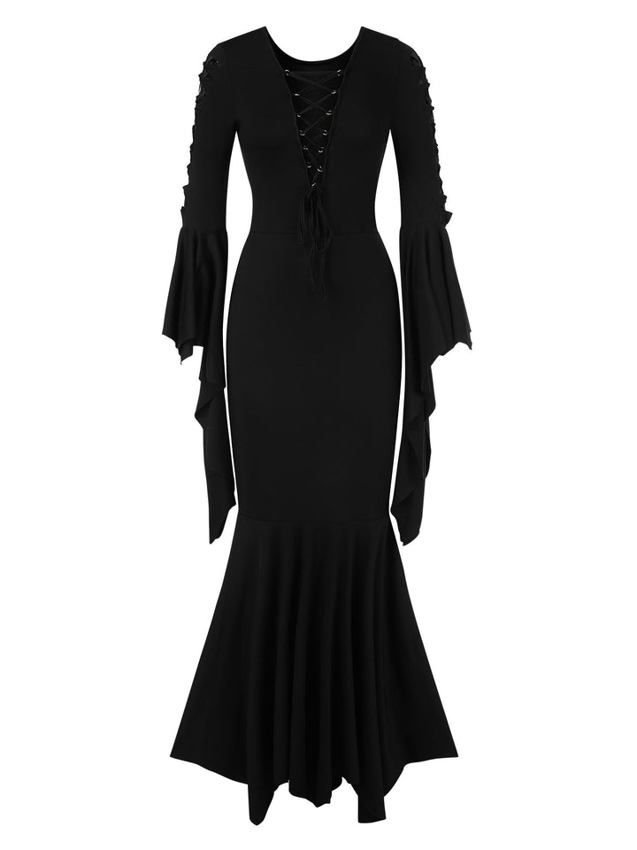 Black 1930s Solid Batwing Lace-Up Fishtail Dress, vintage dress, retro fashion, lace detail - perfect for women who love vintage and retro fashion