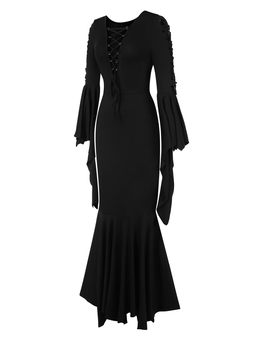 Black 1930s Solid Batwing Lace-Up Fishtail Dress, vintage dress, retro fashion, lace detail - perfect for women who love vintage and retro fashion